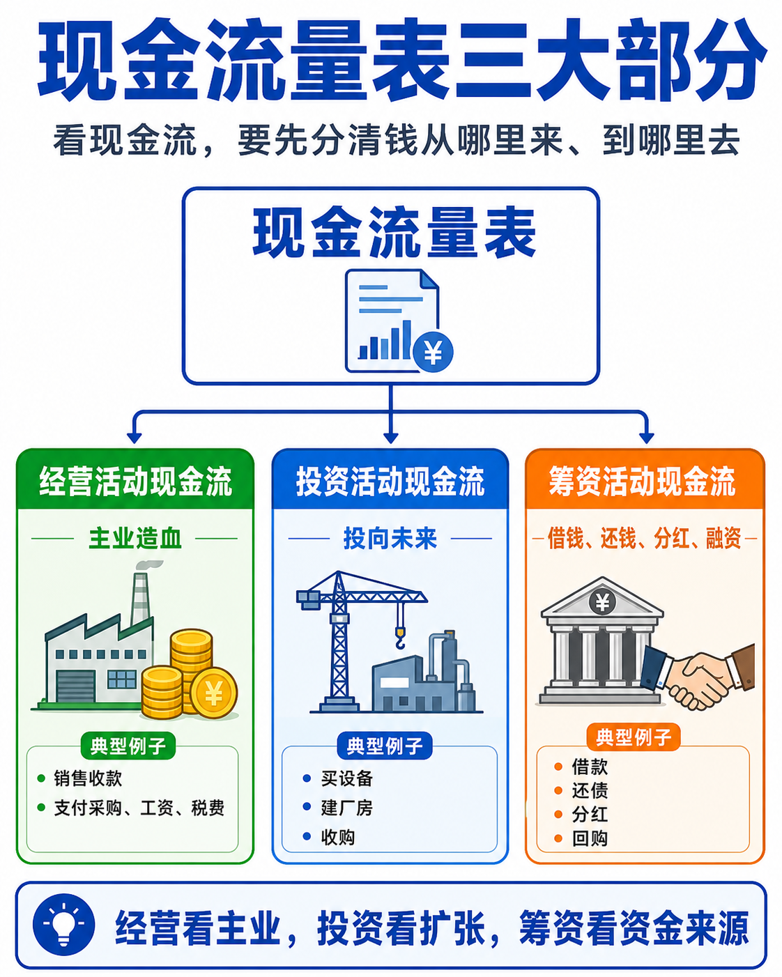 现金流量表三大部分:经营、投资和筹资